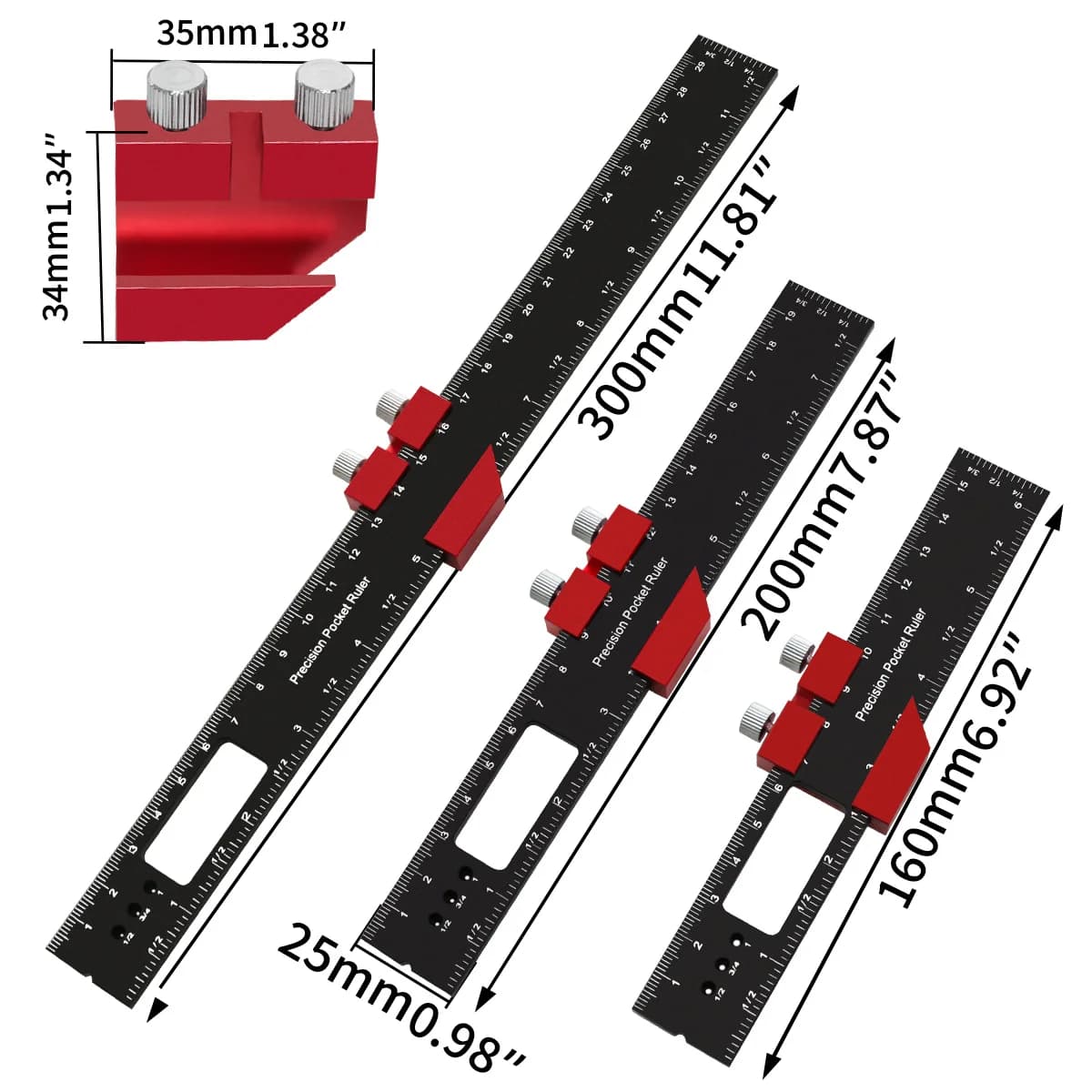 Precisionslinjal av aluminium med glidstopp
