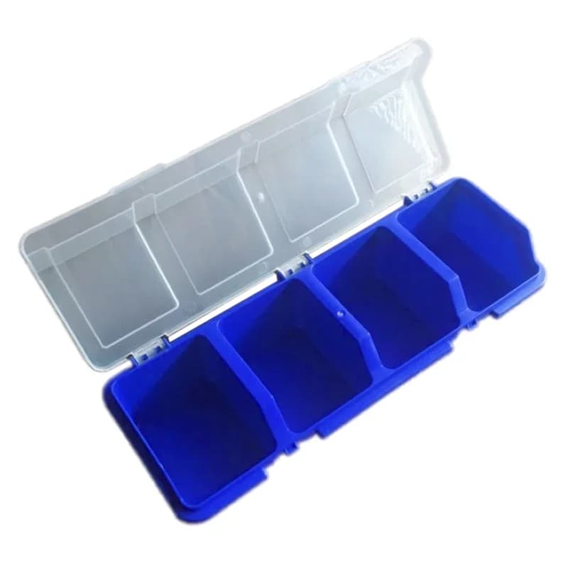 Plastikbox för förvaring av beslag med fasat lock